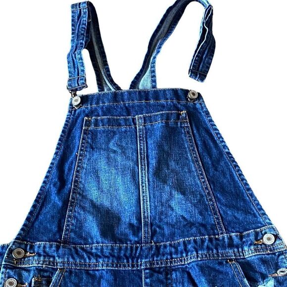 KanCan Sz Sm Estilo Dark Distressed Frayed Hem Denim Adjustable Overall Shorts - Picture 2 of 6